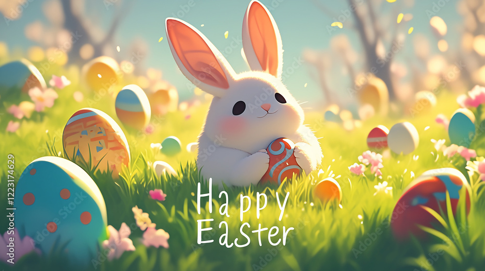 Poster a cartoon rabbit is standing in a field of easter eggs. the image is cheerful and playful, with the 