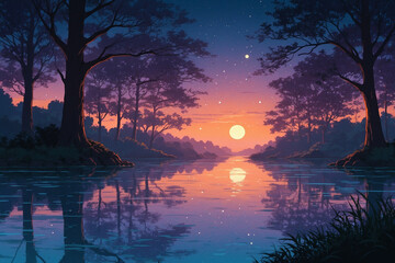 Fototapeta premium Anime-style cyan river reflecting moonlight, glowing purple trees, misty banks, soft orange lanterns hanging above