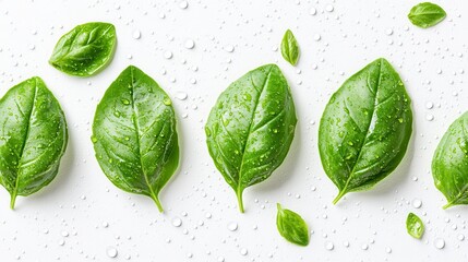 Obraz premium Fresh Green Basil Leaves with Water Droplets on White Background Culinary Herb Food Photography