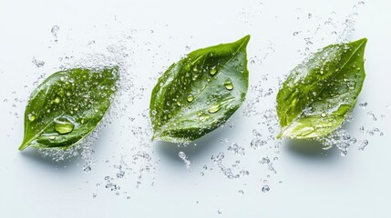 Obraz premium Fresh Green Leaves with Water Drops Nature Purity Cleanliness Concept
