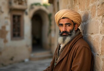 Portrait of a Middle Eastern Man in Traditional Attire with a Textured Background