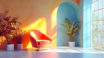 Refined elegant composition blending colorful bold tones vibrant soft gradients and a creative aesthetic modern style in a luxurious interior living room setting with plush furniture plants