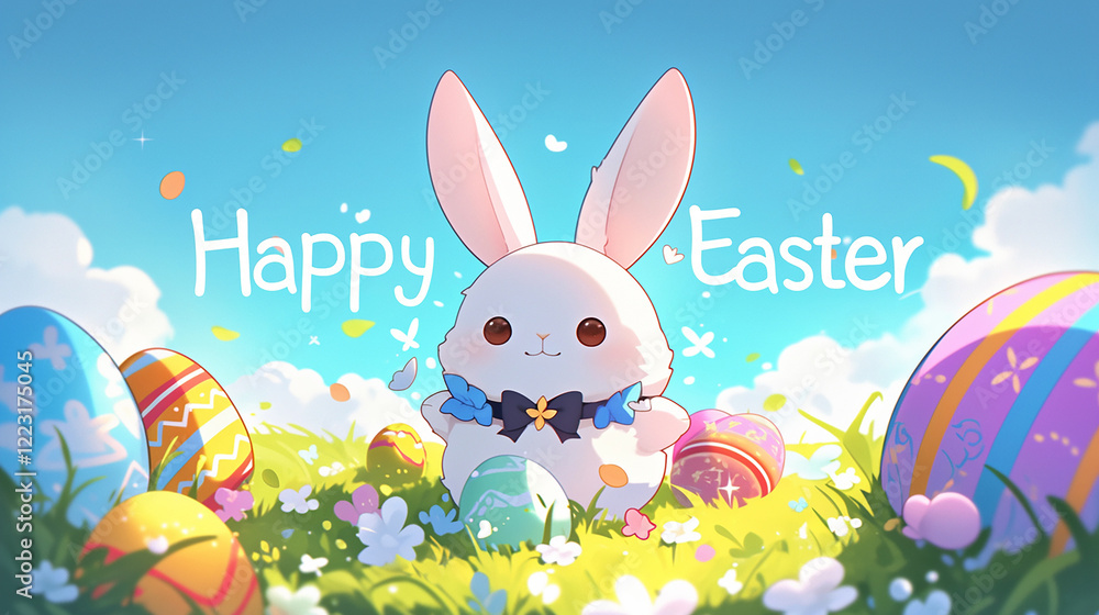 Poster a cartoon rabbit is standing in a field of easter eggs. the image is cheerful and playful, with the 