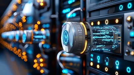 Data transfer operation in high-tech server room digital infrastructure technology showcase futuristic environment close-up view innovation insight