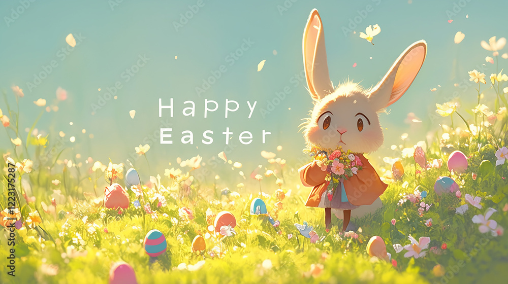 Poster a cartoon rabbit is standing in a field of easter eggs. the image is cheerful and playful, with the 