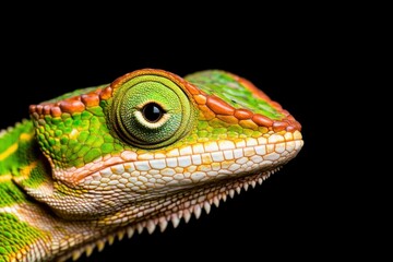 Naklejka premium Close up of a vibrant green lizard with intricate patterns on its skin, showcasing a stunning detail of nature s beauty against a black background