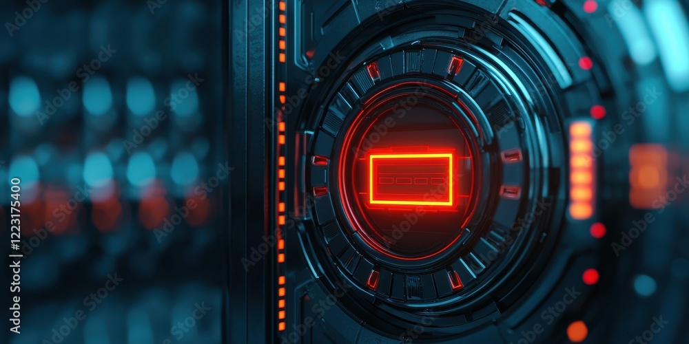 Poster a close-up of a futuristic control panel displaying a glowing red rectangular indicator, with intric