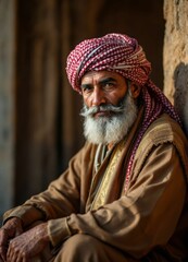 Portrait of an Elder Man with a Turban Wearing Traditional Middle Eastern Attire