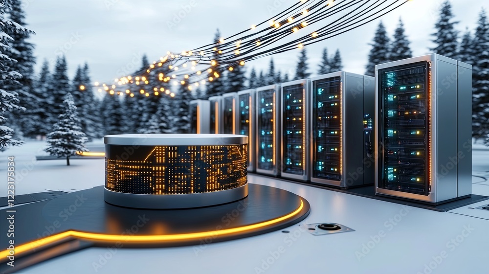 Poster advanced data server technology in a snowy environment digital landscape futuristic concept with ill