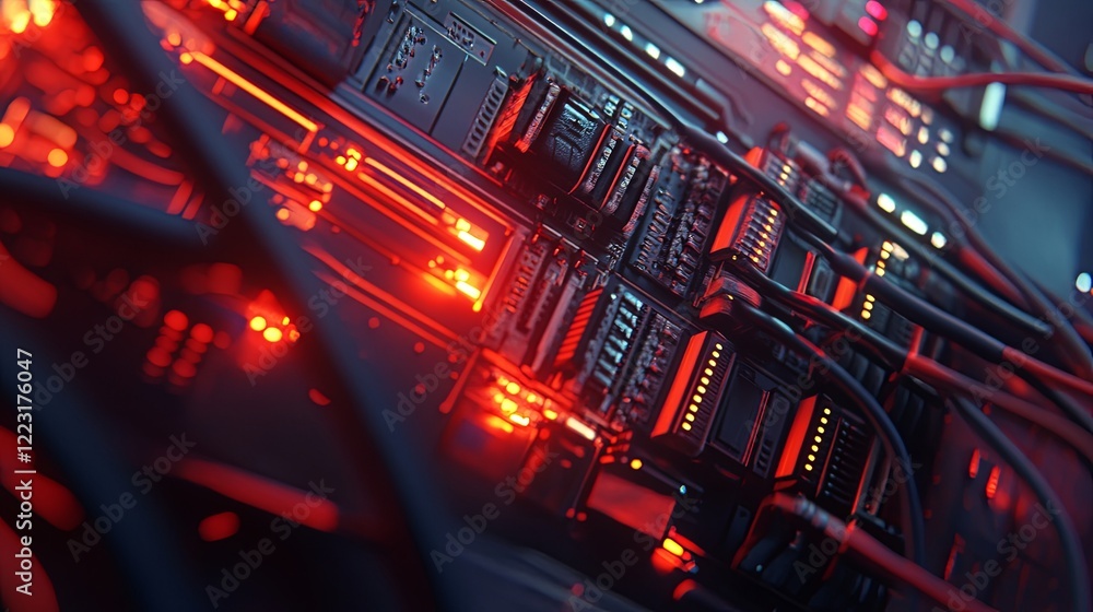 Poster modern data center infrastructure technology hub digital network systems high-tech environment close