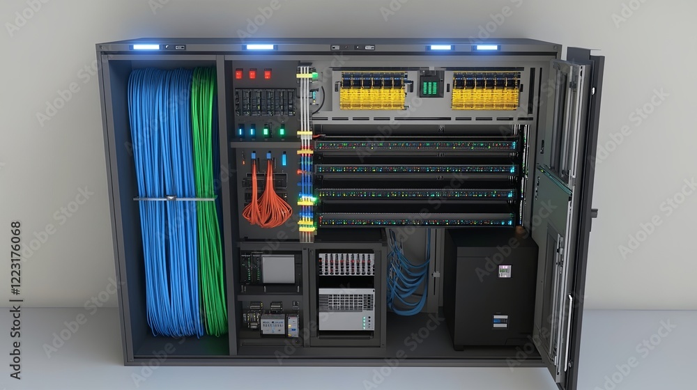 Poster data center infrastructure setup modern office digital technology controlled environment close-up vi