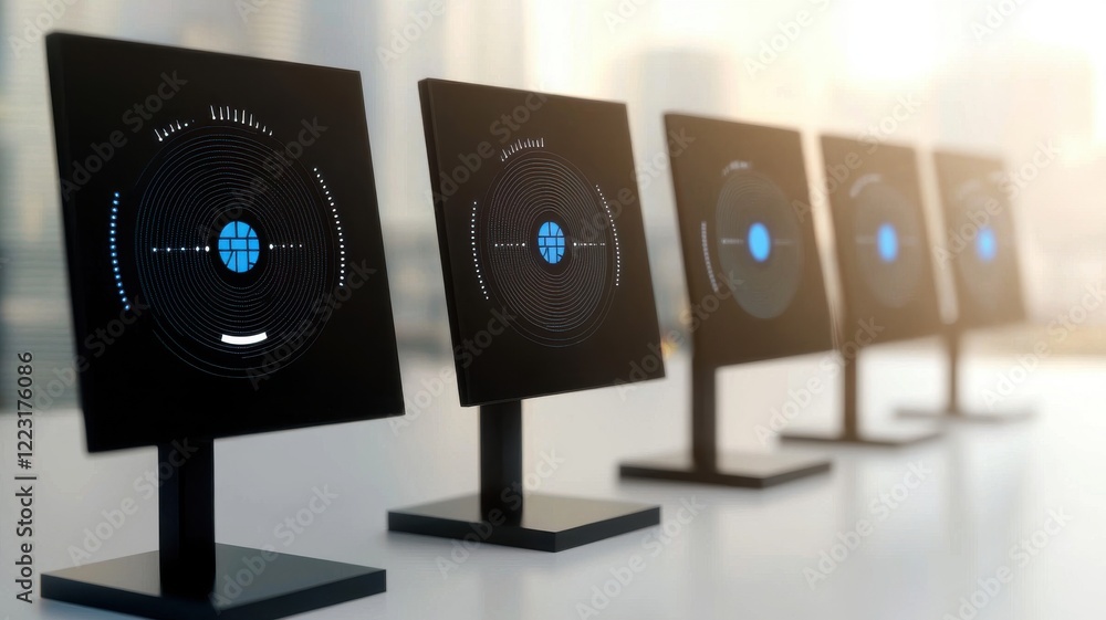 Aufkleber five sleek monitors displaying a digital globe interface, set against a softly lit background, sugge