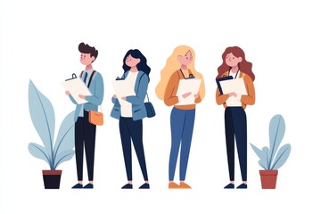 Obraz premium A 2D illustration of an applicant standing confidently in a line of others, holding their portfolio, rendered in soft pastel tones on a white background