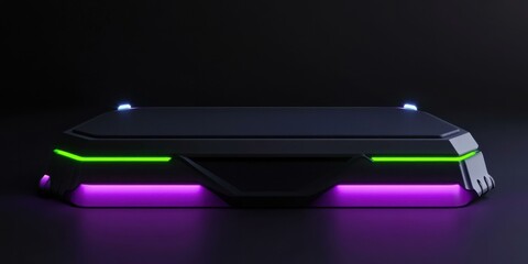 Futuristic platform with vibrant neon lights, suitable for technology showcases, gaming events, or product launches.