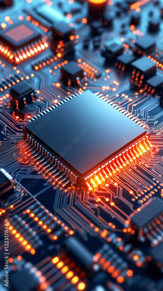 Poster high tech circuit board with glowing microchip and connections