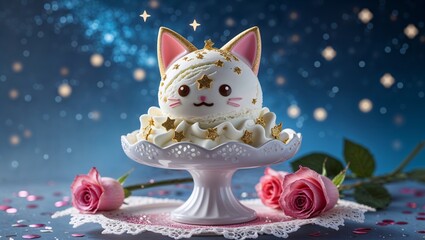 Cute Cat Ice Cream Scoop with Gold Stars on White Cake Stand Pink Roses Sweet