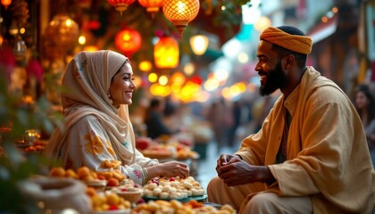 Couple sharing joy and traditional treats at an evening market with lanterns