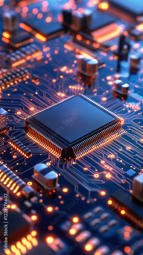 Poster high tech circuit board with glowing components and microchip