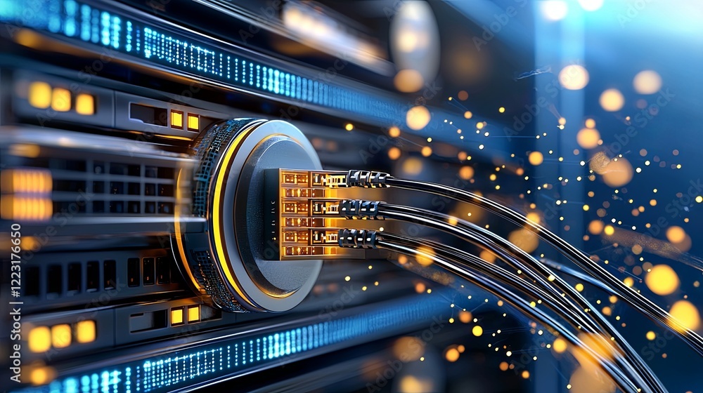 Poster data transfer action in a high-tech server room digital infrastructure technology environment close-
