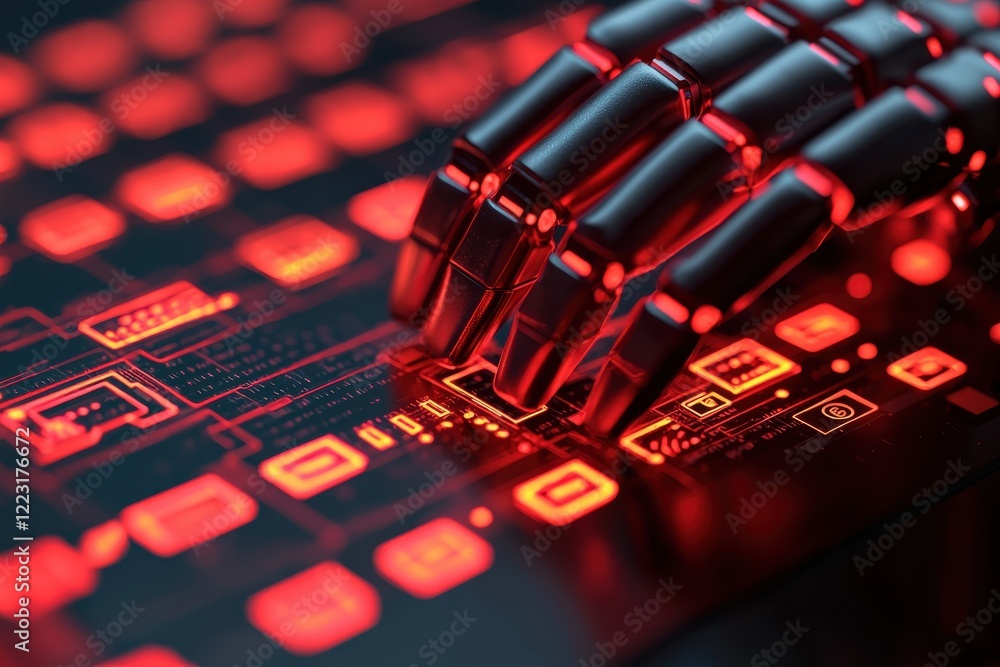 Poster a robotic hand interacts with a glowing digital interface, showcasing advanced technology and artifi