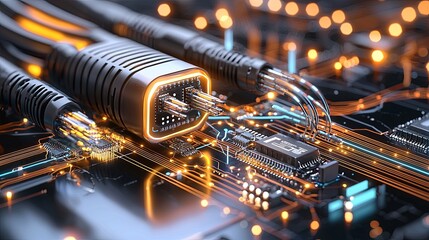 Innovative technology connection circuitry and data transmission digital environment close-up view futuristic concept