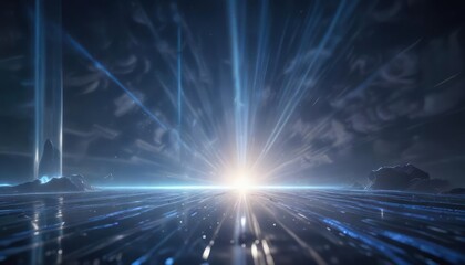 Blue hues blend seamlessly with shimmering light rays, evoking an otherworldly essence, ethereal ambiance, abstract background