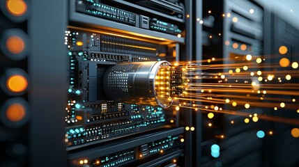 Fototapeta premium Data processing event showcasing advanced server technology modern data center digital imagery high-tech environment close-up viewpoint concept of innovation