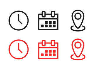 Time, date, address icon set. Calendar, clock, location pin. Editable stroke. Linear outline illustration. Vector illustration