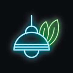Neon icon of a light bulb glowing with green leaves symbolizing eco energy and sustainability