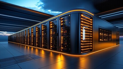 Data storage innovation high-tech server room modern data center digital infrastructure futuristic environment wide angle view cutting-edge technology