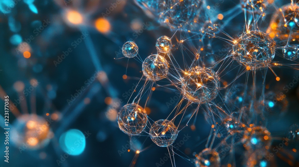 Poster network of connected spheres with glowing points representing digital communication