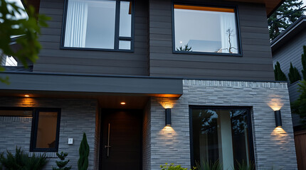 Fototapeta premium Modern House Exterior at Night: Contemporary Home Design with Brick and Stone Facade