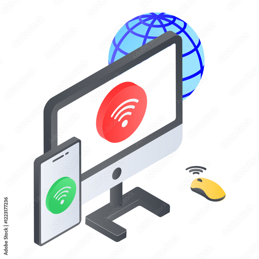 Poster wireless local area network connected devices isometric concept, wifi hotspots vector icon design, w