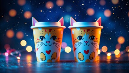 Adorable Cat Cups on Dark Table with Bokeh Lights Background Fun and Sweet Mood
