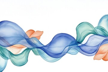 Abstract flowing waves of blue and green with soft floral elements on a white background