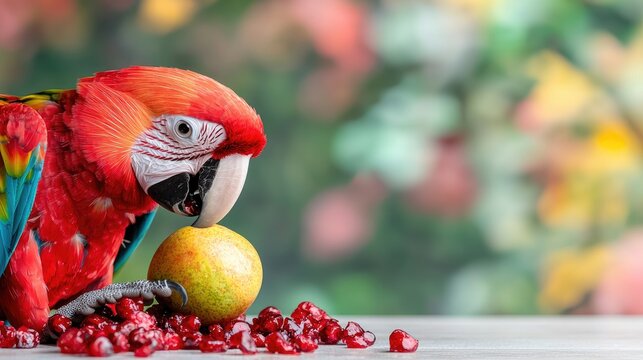 Scarlet Macaw eating apple and pomegranate outdoors