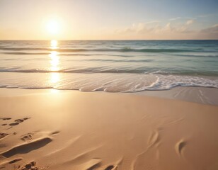 Obraz premium Blurred sea background with hot sandy beach foreground, sun flare, tranquil nature