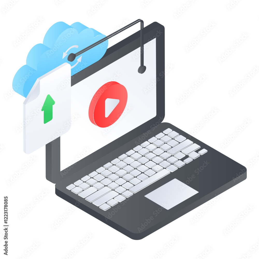 Aufkleber uploading to remote server isometric concept, cloud media transmission vector icon design, web hosti