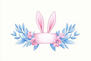 Obraz premium Cute pastel illustration featuring bunny ears and floral elements with a blank banner for customization