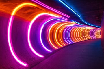Vibrant Neon Light Trails in an Abstract Tunnel Scene