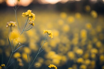 Obraz premium Closeup of yellow flowering plants against a blurry, abstract background of muted earth tones. The image has an artistic, painterly feel.