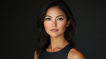 Portrait of a confident young woman with dark hair against a dark background, showcasing beauty