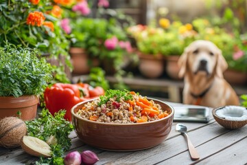 A playful dog delights in a nutritious bowl of raw food filled with ground chicken, liver pieces, shredded carrots, and coconut oil.