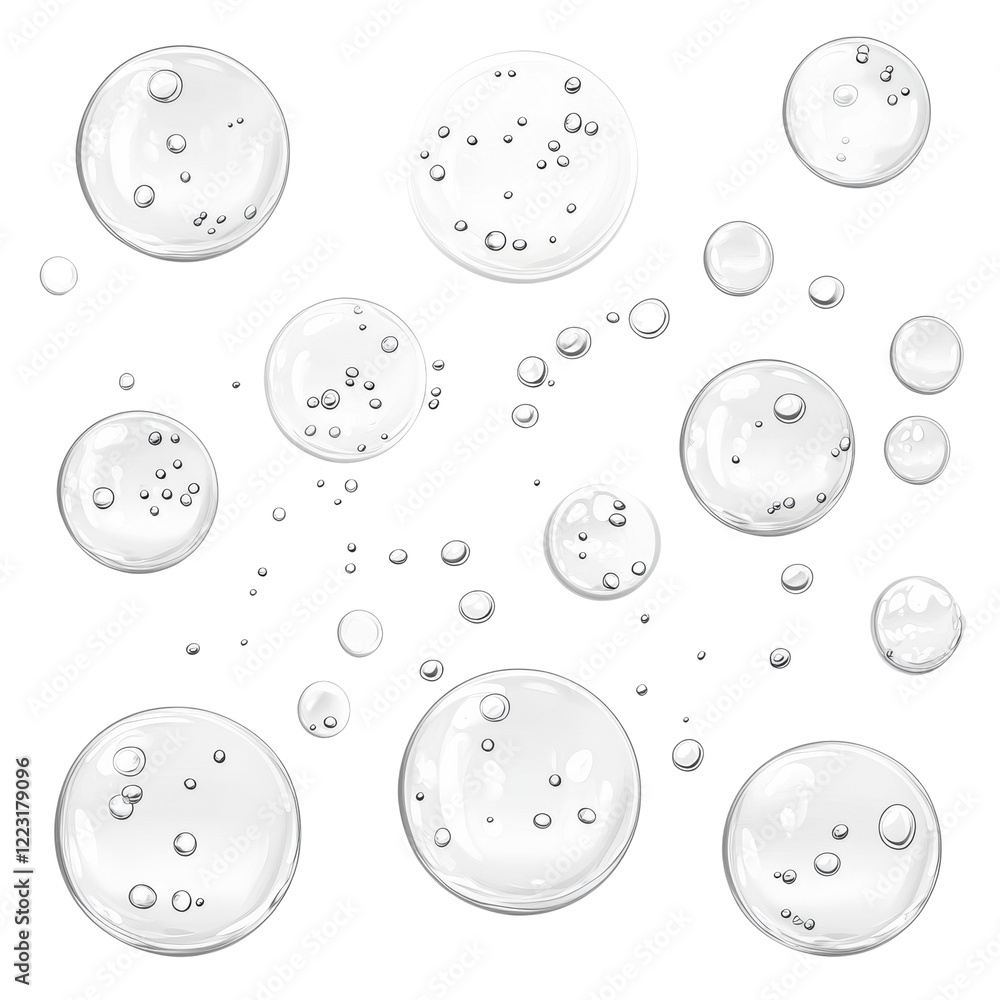 Poster an illustration showcasing numerous transparent bubbles of varying sizes, floating against a stark b