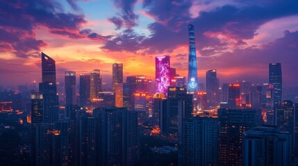Fototapeta premium A glowing Chinese cityscape at dusk, with AI holograms projecting from skyscrapers, forming digital patterns of traditional Chinese art and innovation, 16:9