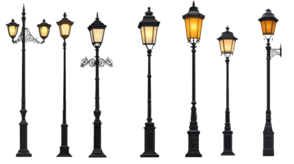 A diverse range of stylish black street lamps, some illuminated, showcasing various designs and sizes.