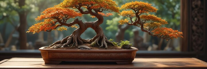 Fototapeta premium Bonsai tree on a wooden bench with intricate carvings and plants around , tree, miniature