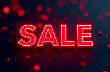 Word "SALE" in neon letters is displayed on a glowing, high-tech background with digital elements and futuristic lighting effects. 