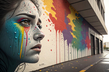 Woman with colorful face paint near vibrant street art.