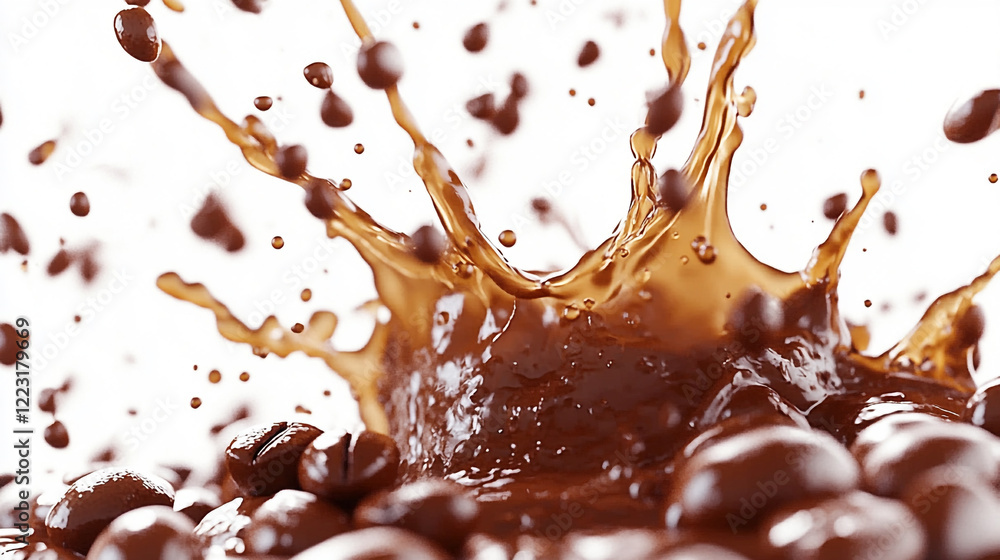 Aufkleber coffee beans splashing in liquid during brewing process in bright setting